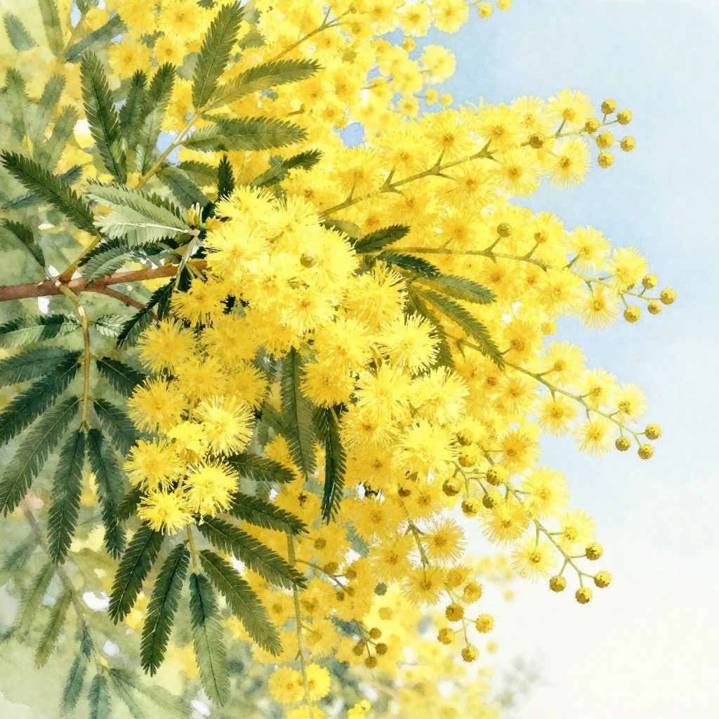 A close-up, vibrant watercolor illustration of blooming mimo...