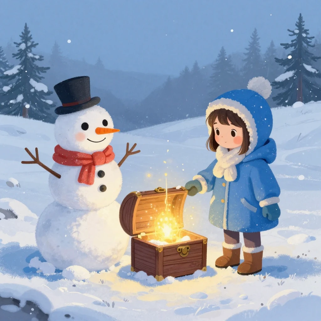 Illustration of a snowman with a carrot nose, a gray cat wea...