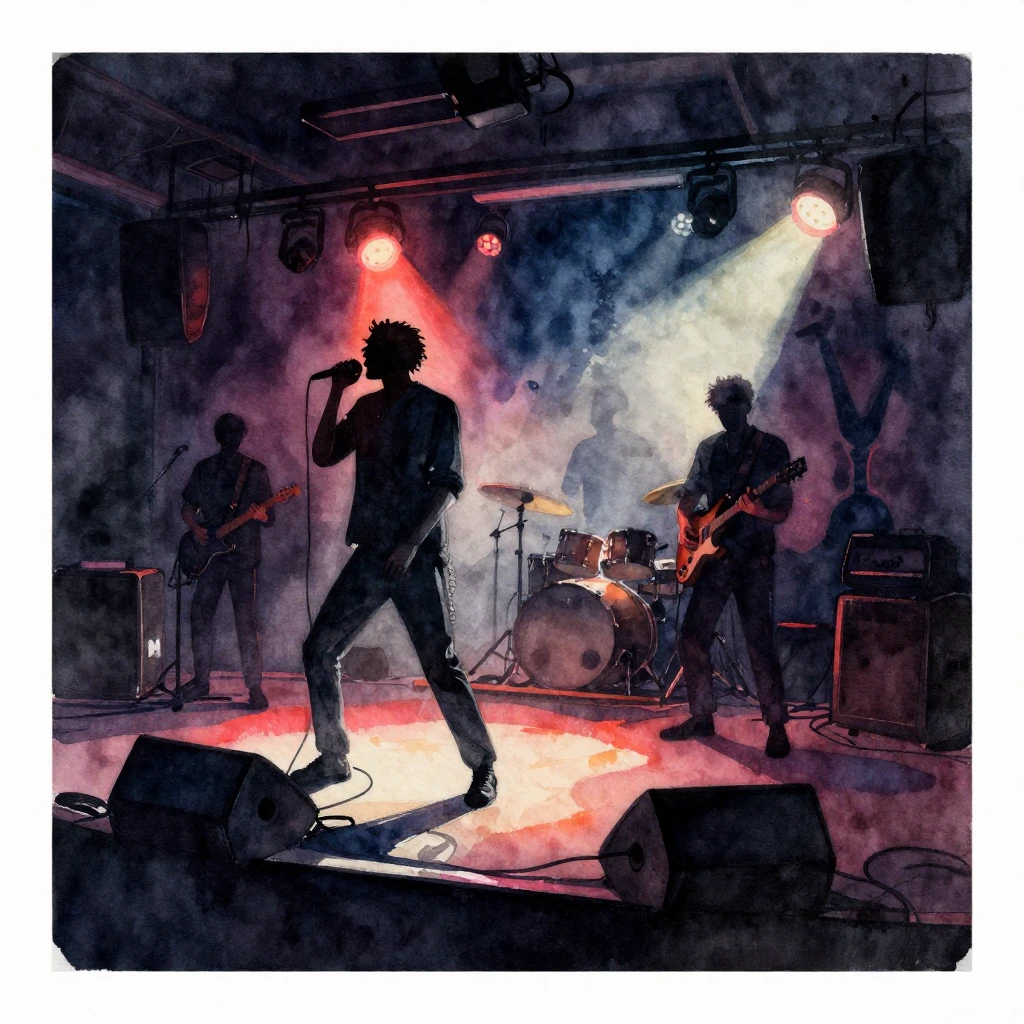 A watercolor painting depicting a dynamic live music perform...