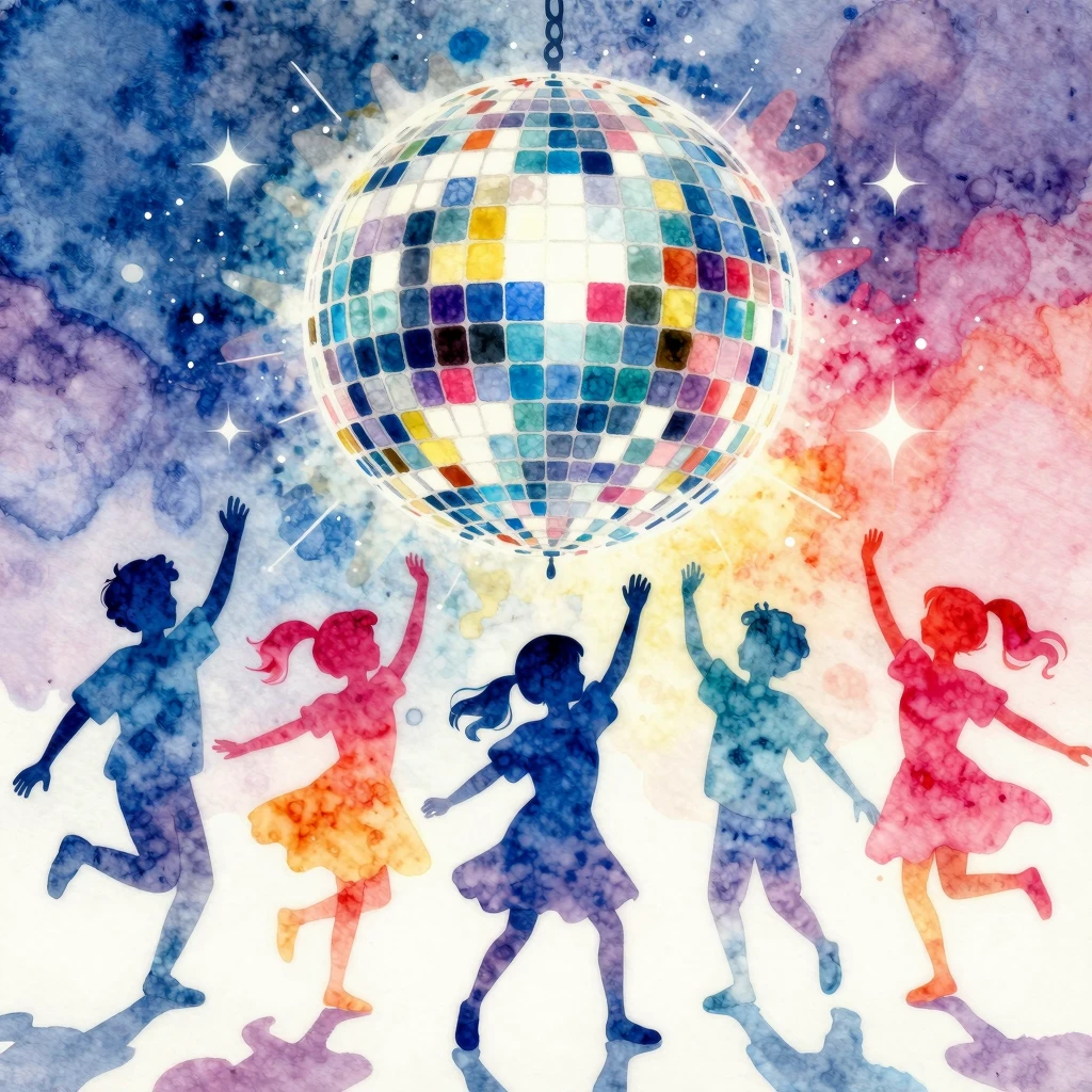 Vibrant watercolor illustration in a retro disco style, feat...