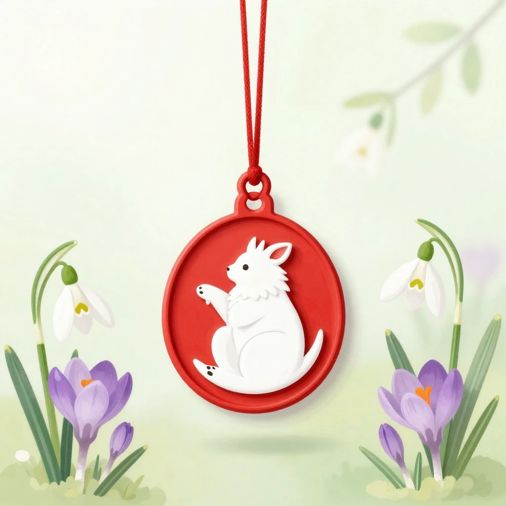 A minimalist illustration of a red and white Martisor trinke...