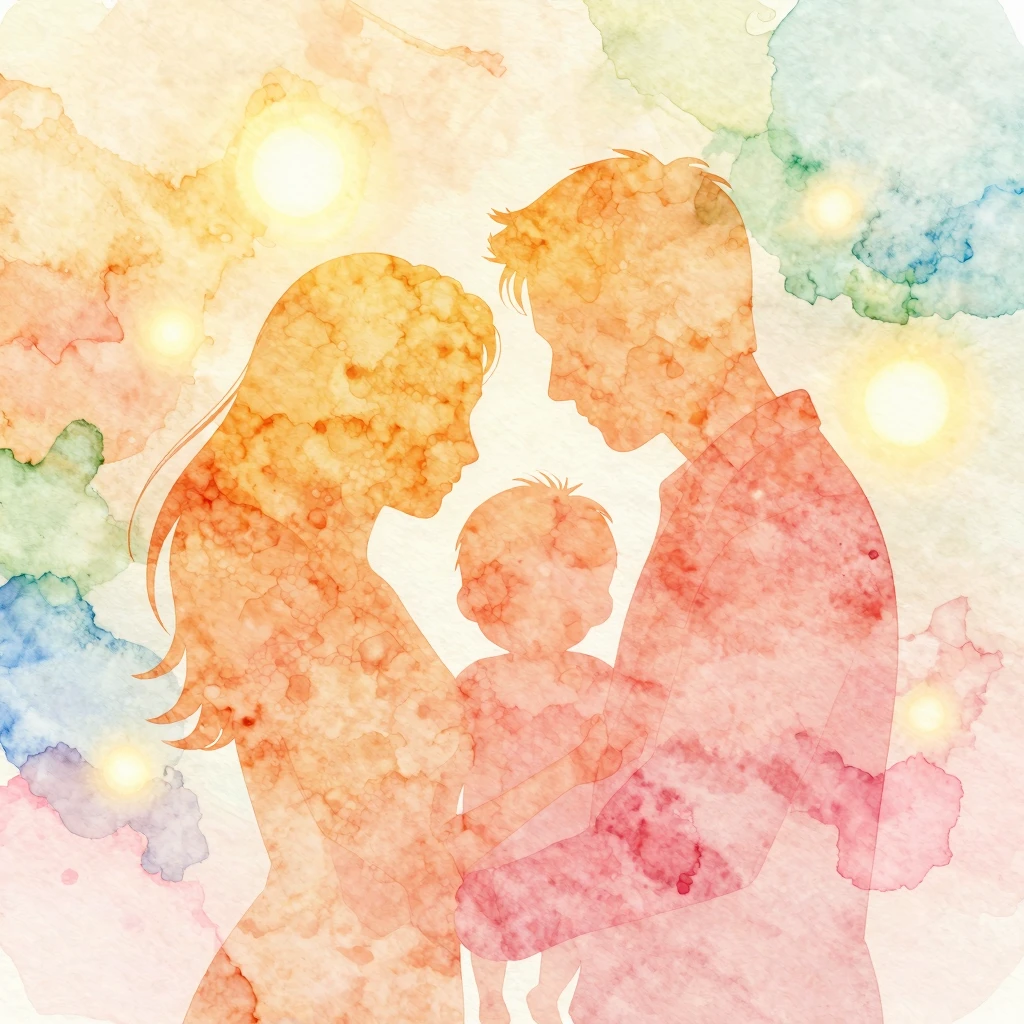 Vibrant watercolor illustration, warm and tender. Silhouette...