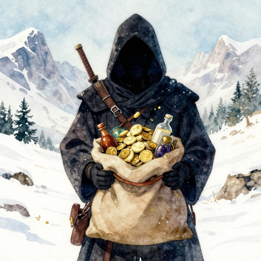 A shadowy figure, a thief, in a snowy, mountainous fantasy w...