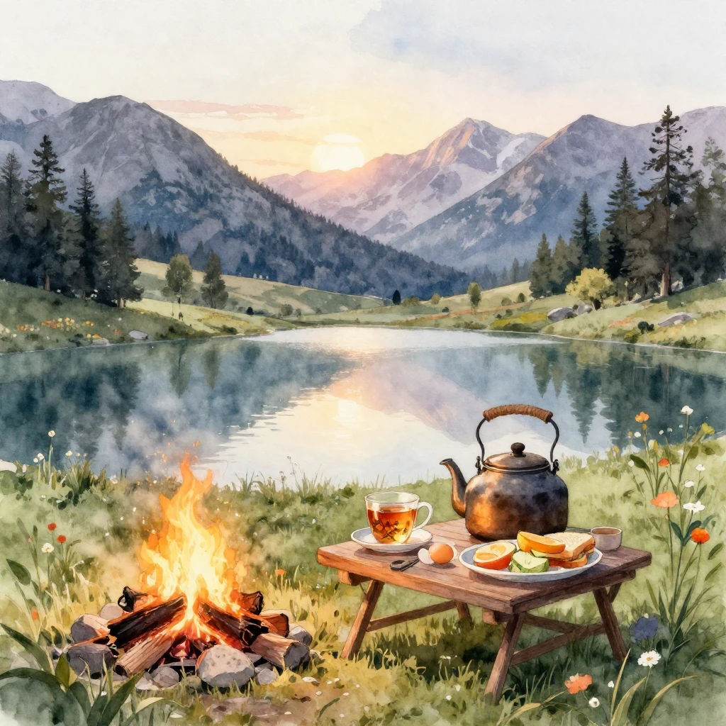 Watercolor painting of an alpine spring landscape at sunrise...