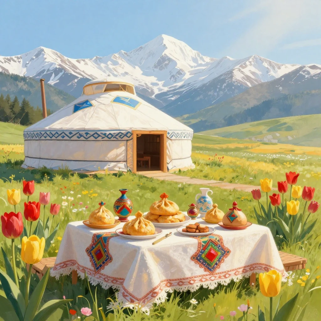 A vibrant and warm scene celebrating the Nauryz spring festi...