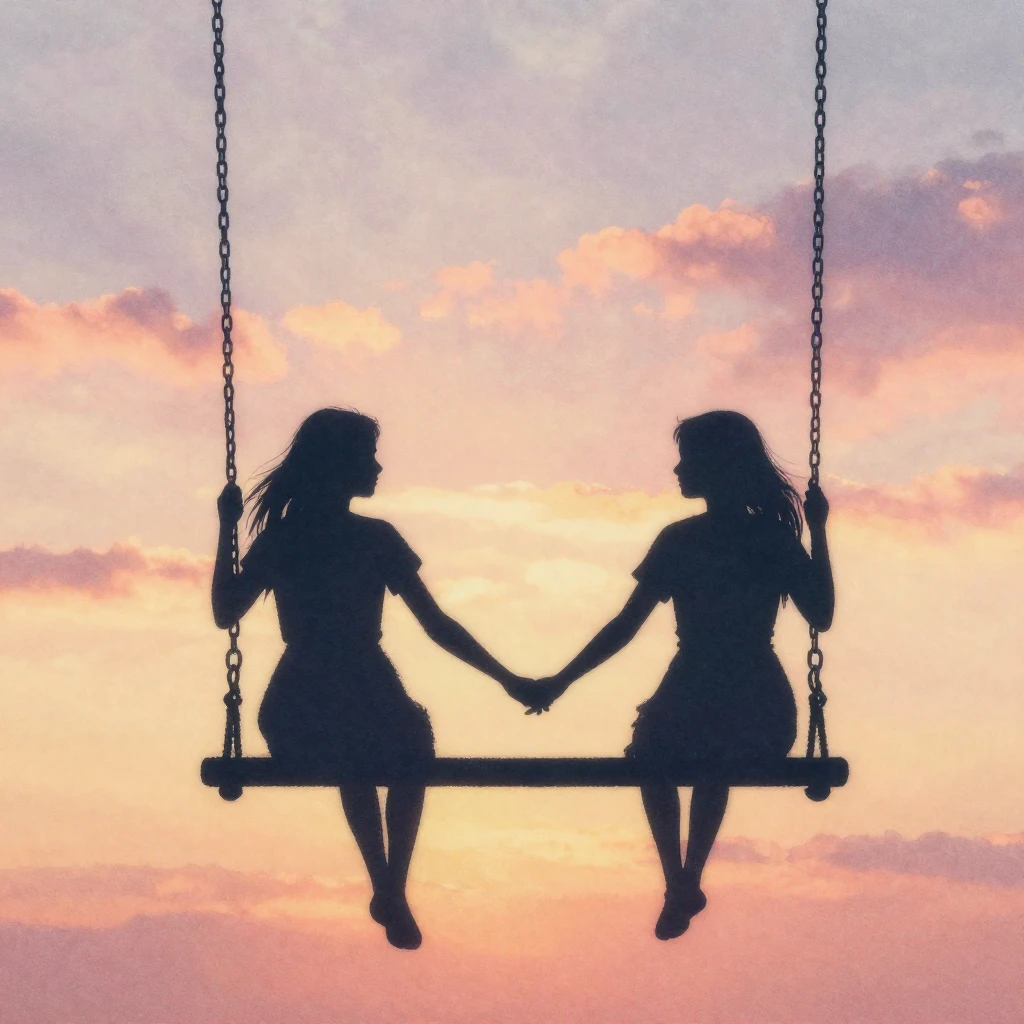 Two silhouette figures of girls sitting on a swing, holding ...