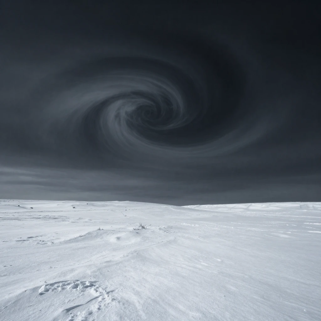 A desolate, snow-covered landscape under a dark, swirling, d...