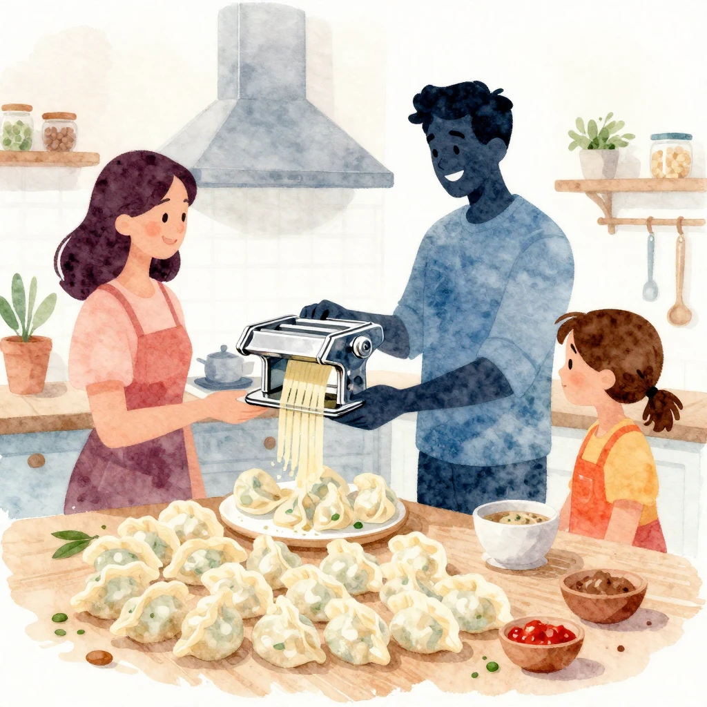 Vibrant watercolor style. A cozy kitchen scene with a silhou...