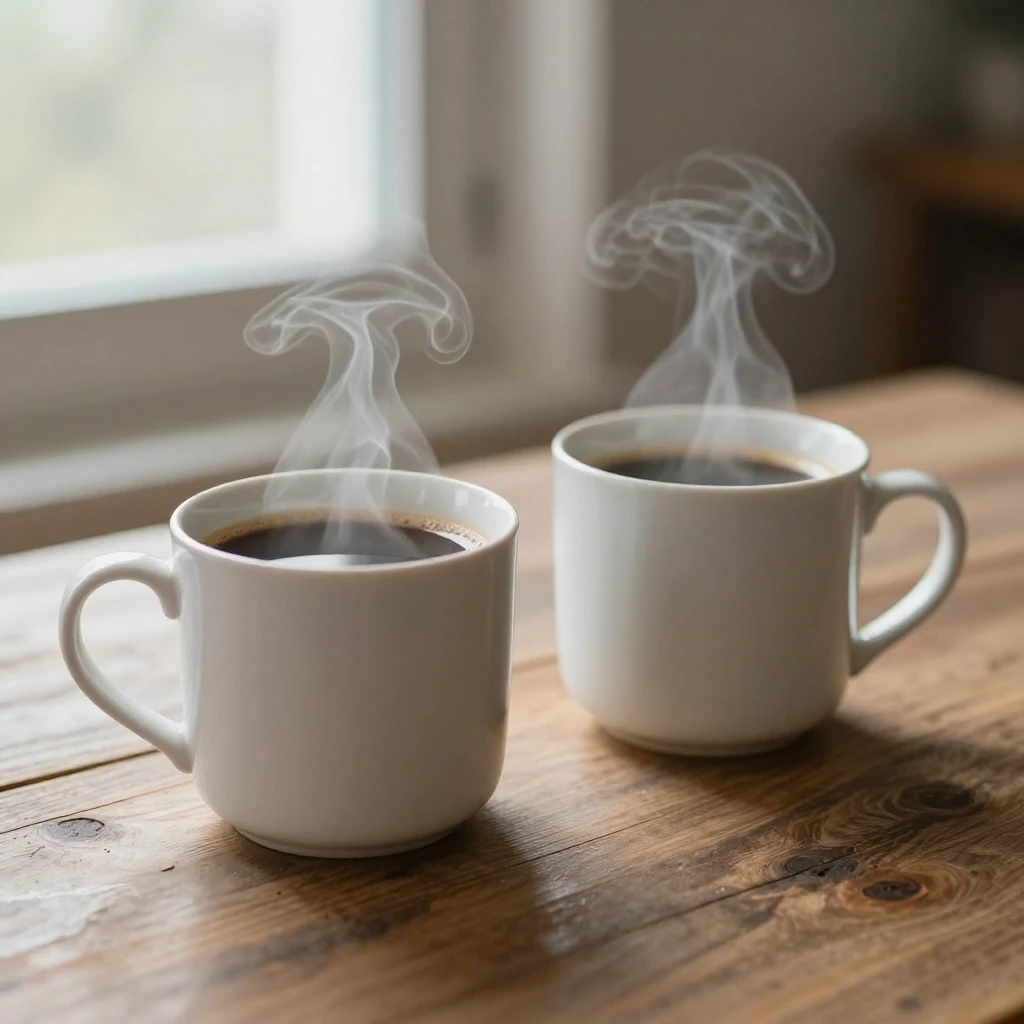 A close-up of two white ceramic mugs with steaming coffee on...