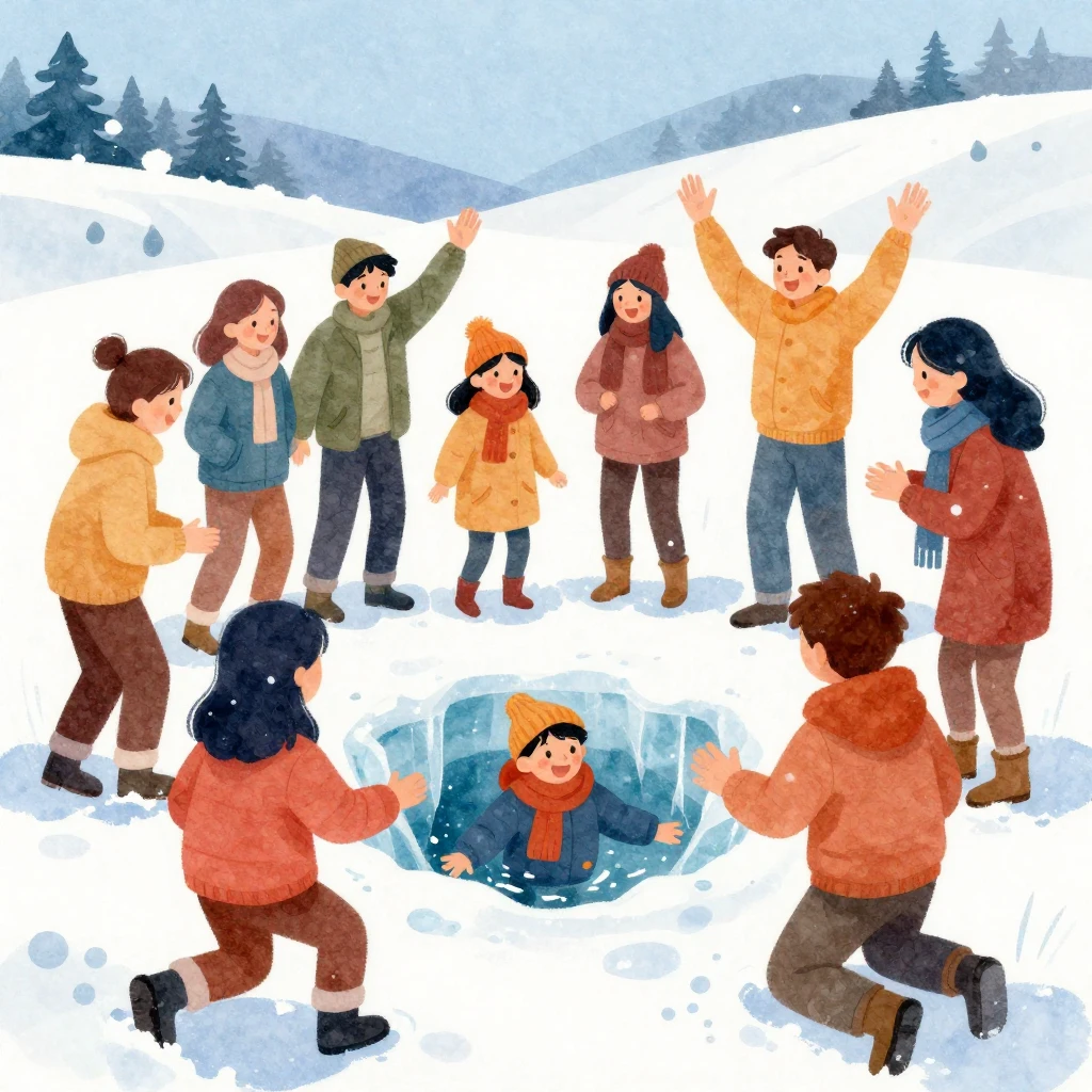 A vibrant watercolor illustration of a group of friends inte...