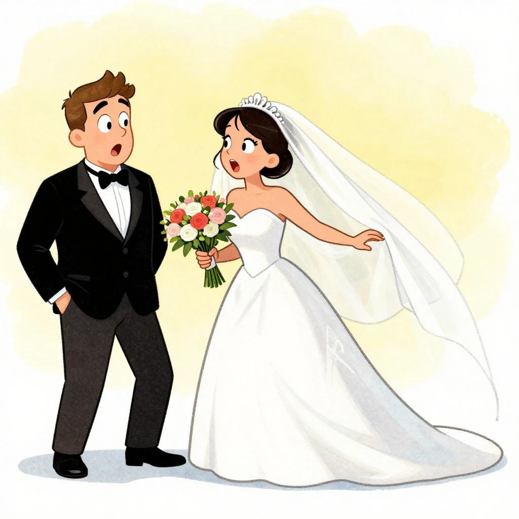 A cartoon bride accidentally tripping over her long veil whi...