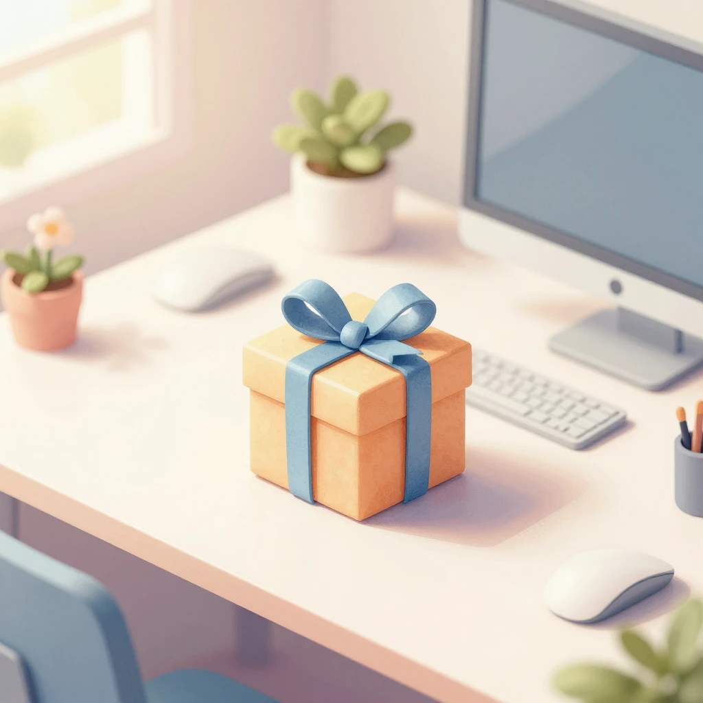 Watercolor style illustration of a small gift box with ribbo...