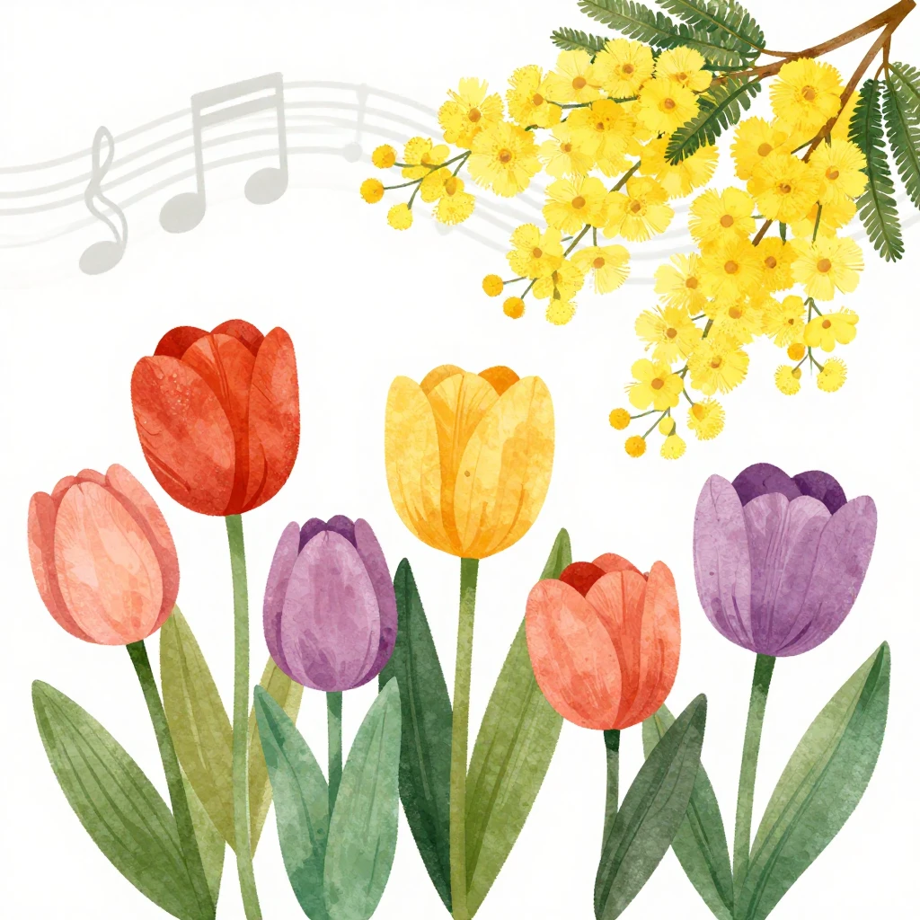 A vibrant illustration of blooming spring flowers, such as t...