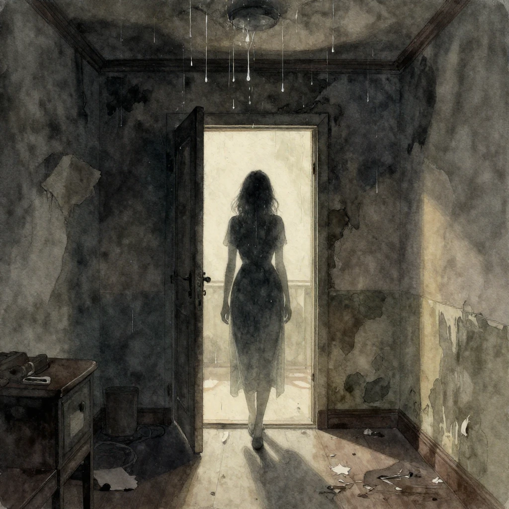 A dimly lit, rundown room with water dripping from the ceili...