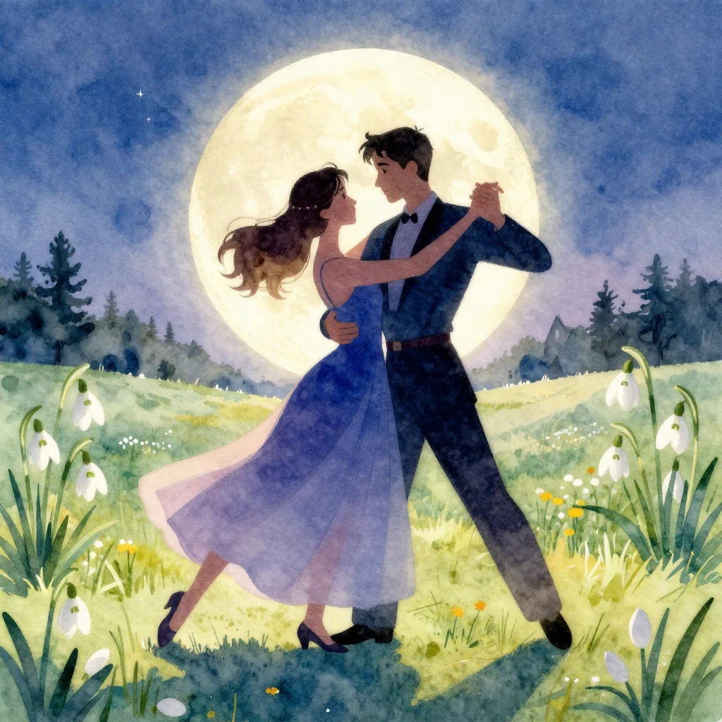 A couple dancing a romantic waltz, appearing as elegant silh...