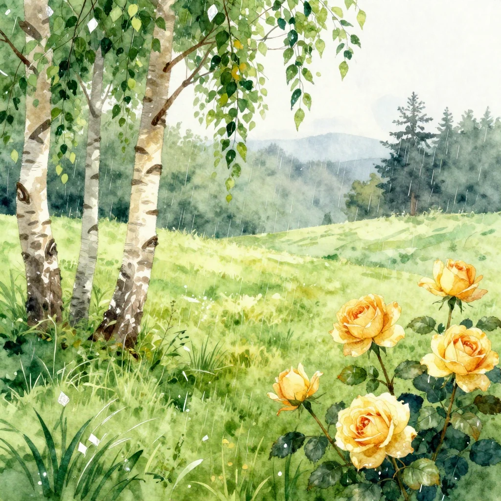 Vibrant watercolor style. Gentle rain, emerald meadow, diamo...