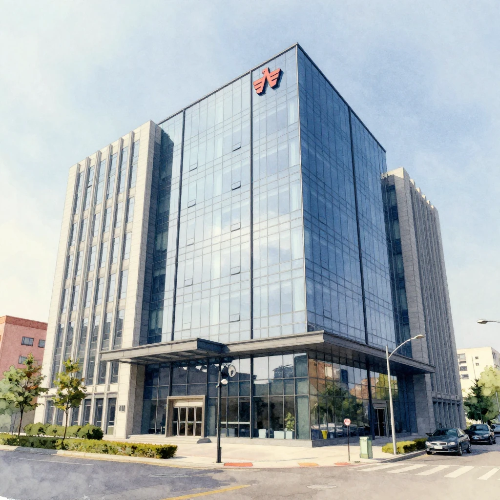 Watercolor style business center facade, glass and steel ele...