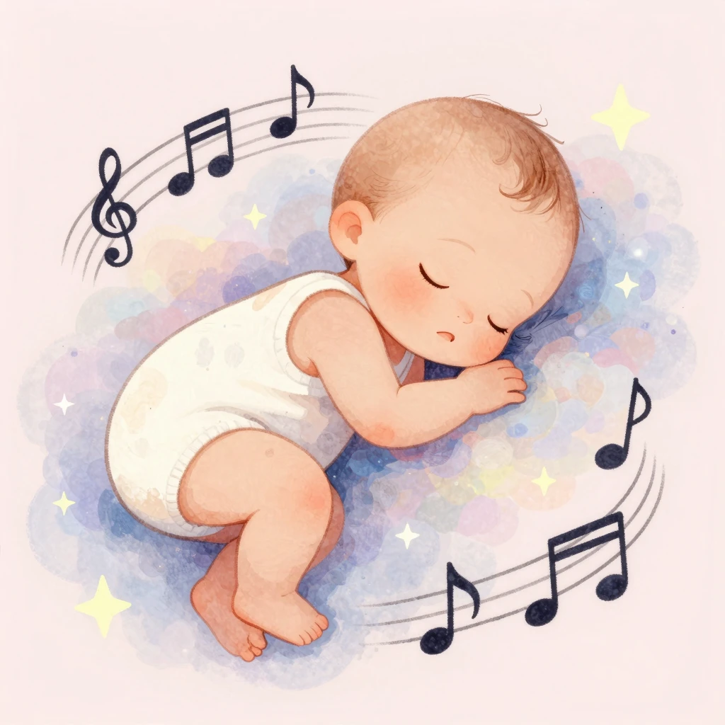 A whimsical illustration of a sleeping baby surrounded by so...