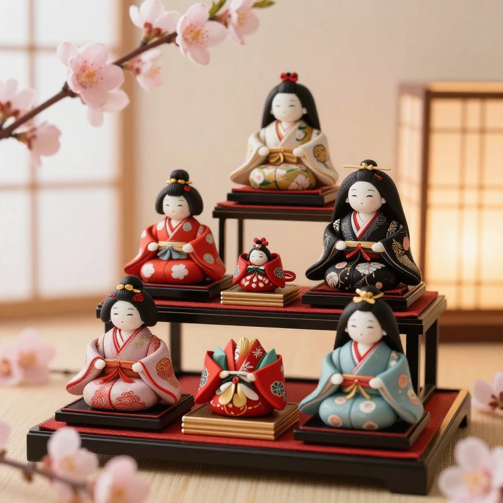 A serene scene depicting traditional Japanese Hina dolls arr...