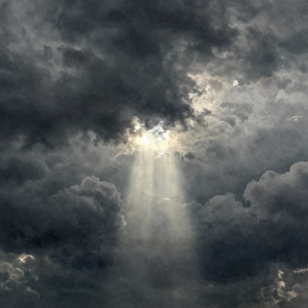 A desolate, stormy sky with heavy clouds. A single, faint ra...