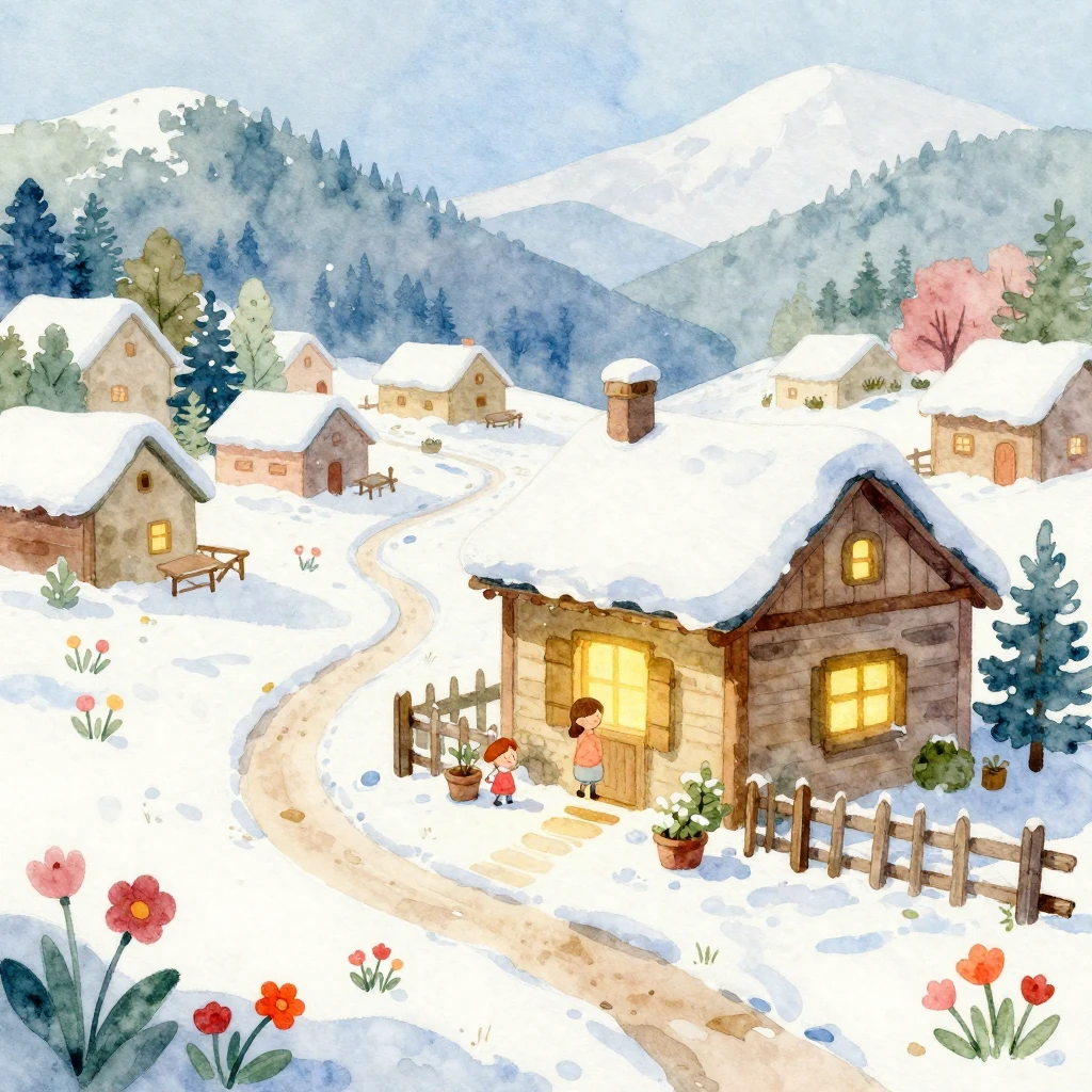 Vibrant watercolor illustration of a cozy, heartwarming rust...