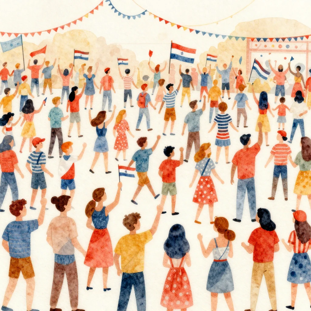 A vibrant watercolor illustration depicting a large, diverse...