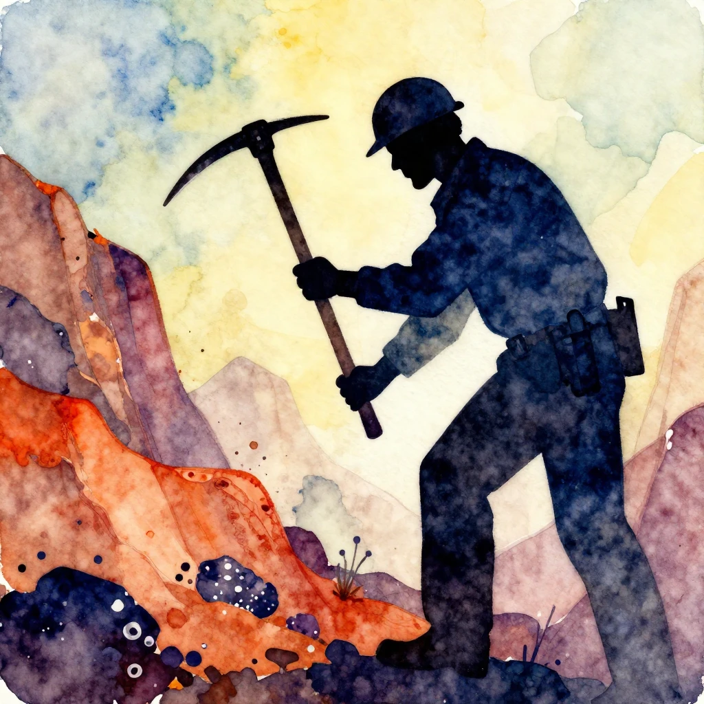 Vibrant watercolor painting of a geologist at work. Focus on...