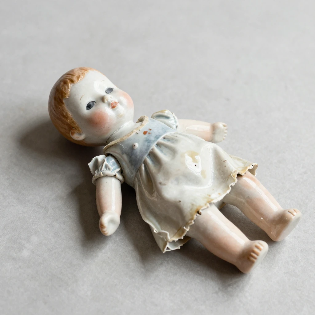 A broken porcelain doll, discarded and forgotten, lying on a...