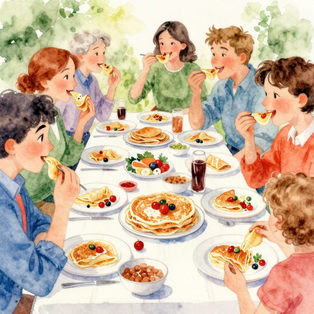 A vibrant watercolor scene depicting people happily eating b...