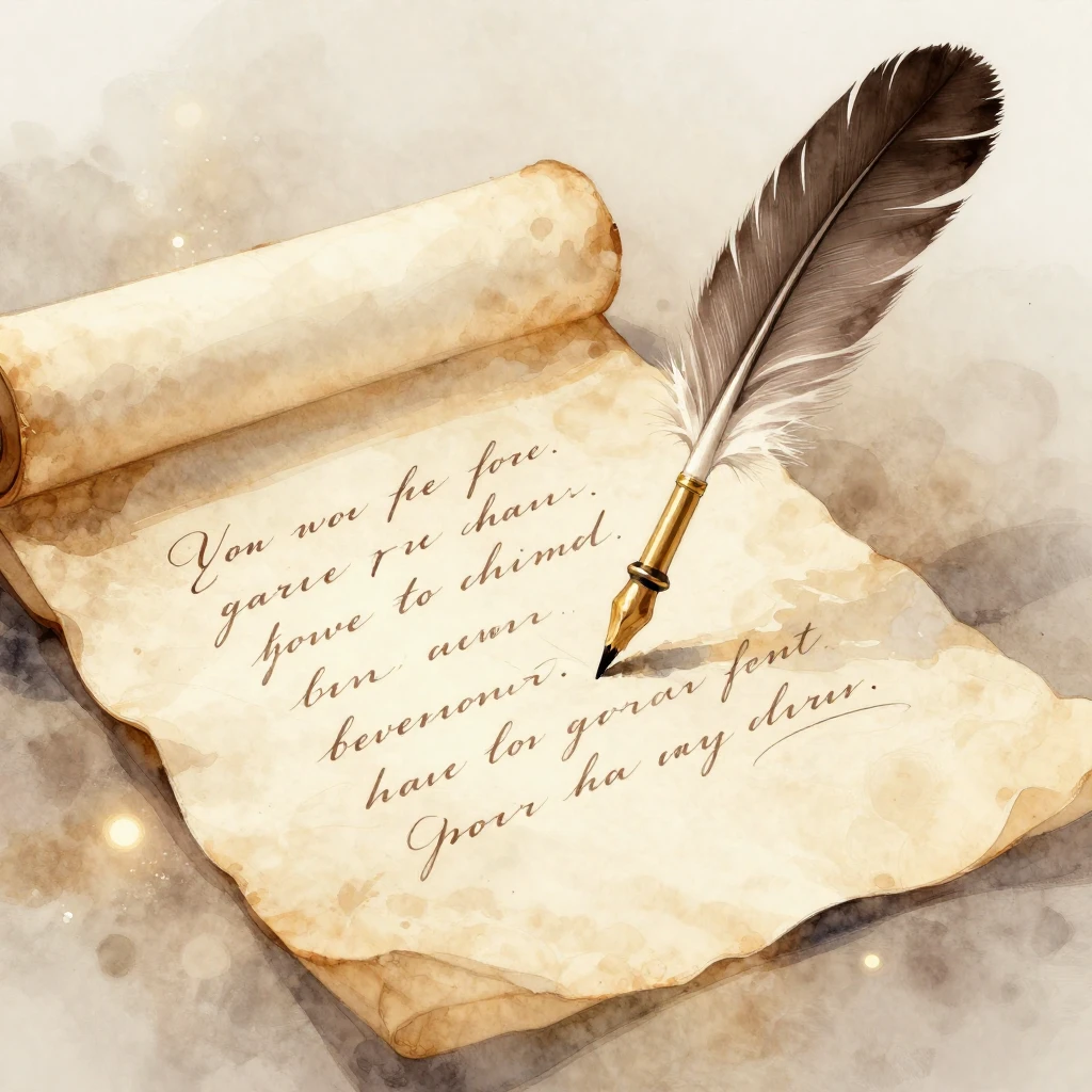 A quill pen writing on a parchment scroll with elegant scrip...