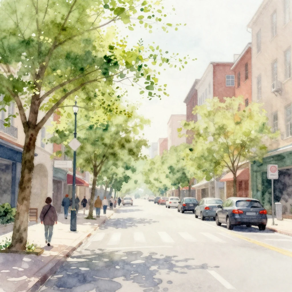 A vibrant watercolor painting depicting a city street in a s...