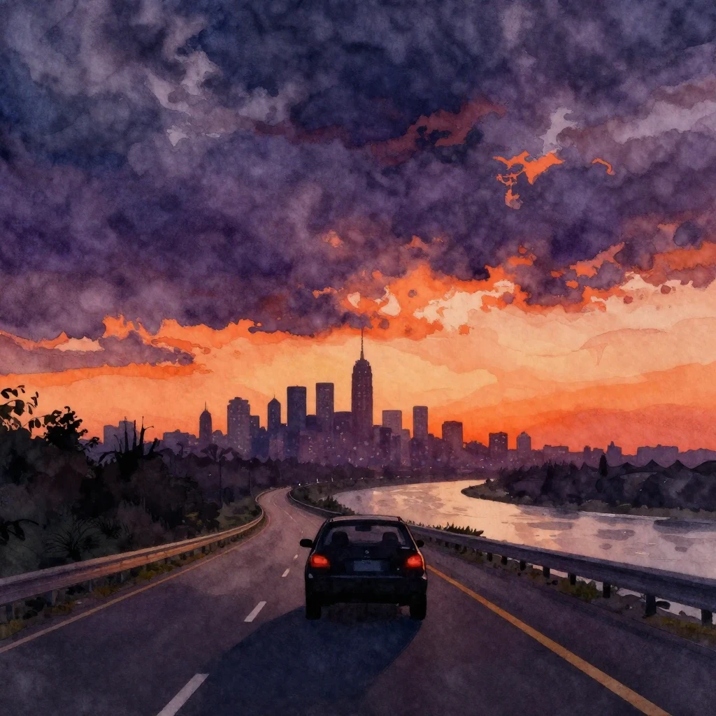 A watercolor painting depicting the silhouette of a car driv...