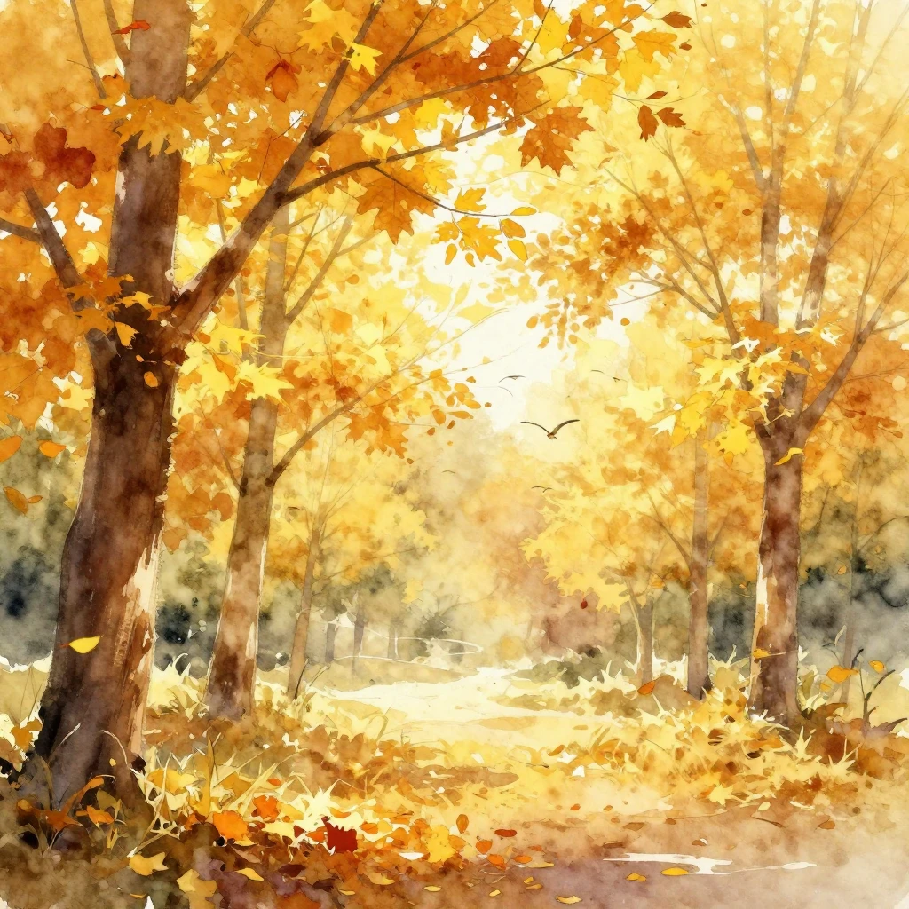 Vibrant watercolor style, a serene Indian Summer scene, gold...