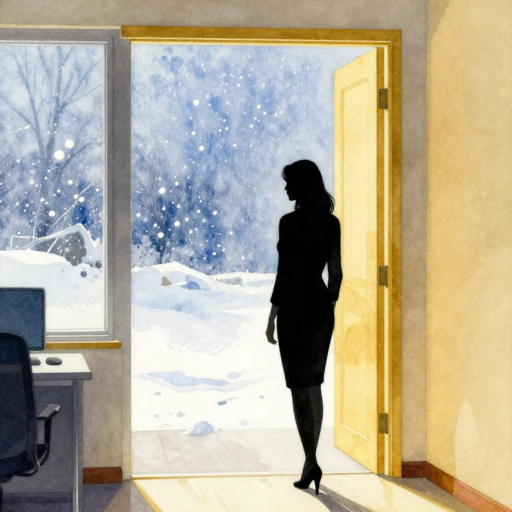 A watercolor painting depicting a silhouette of a woman stan...