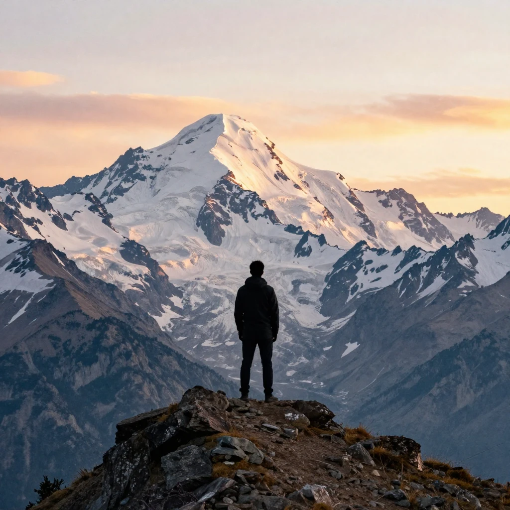 A majestic silhouette of a man standing on a high mountain r...