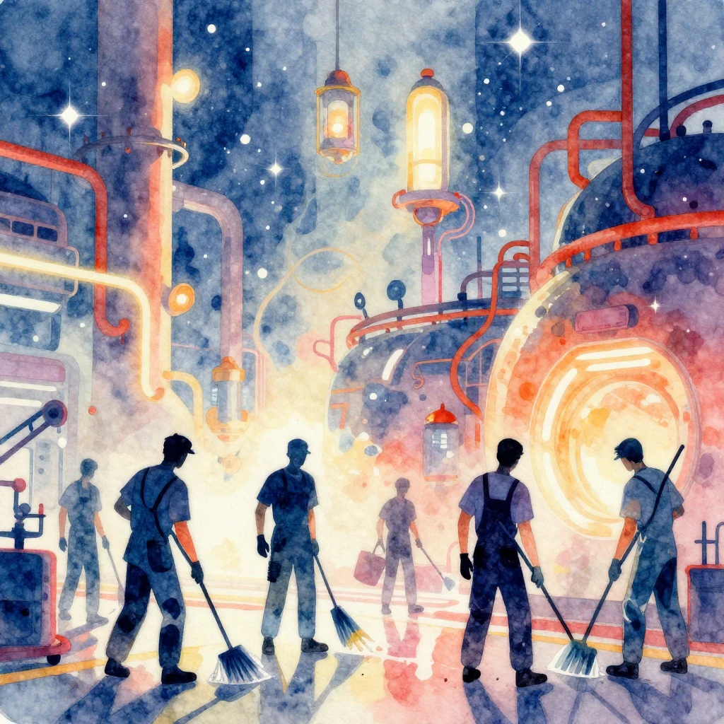 Vibrant watercolor illustration of an industrial cleaning cr...