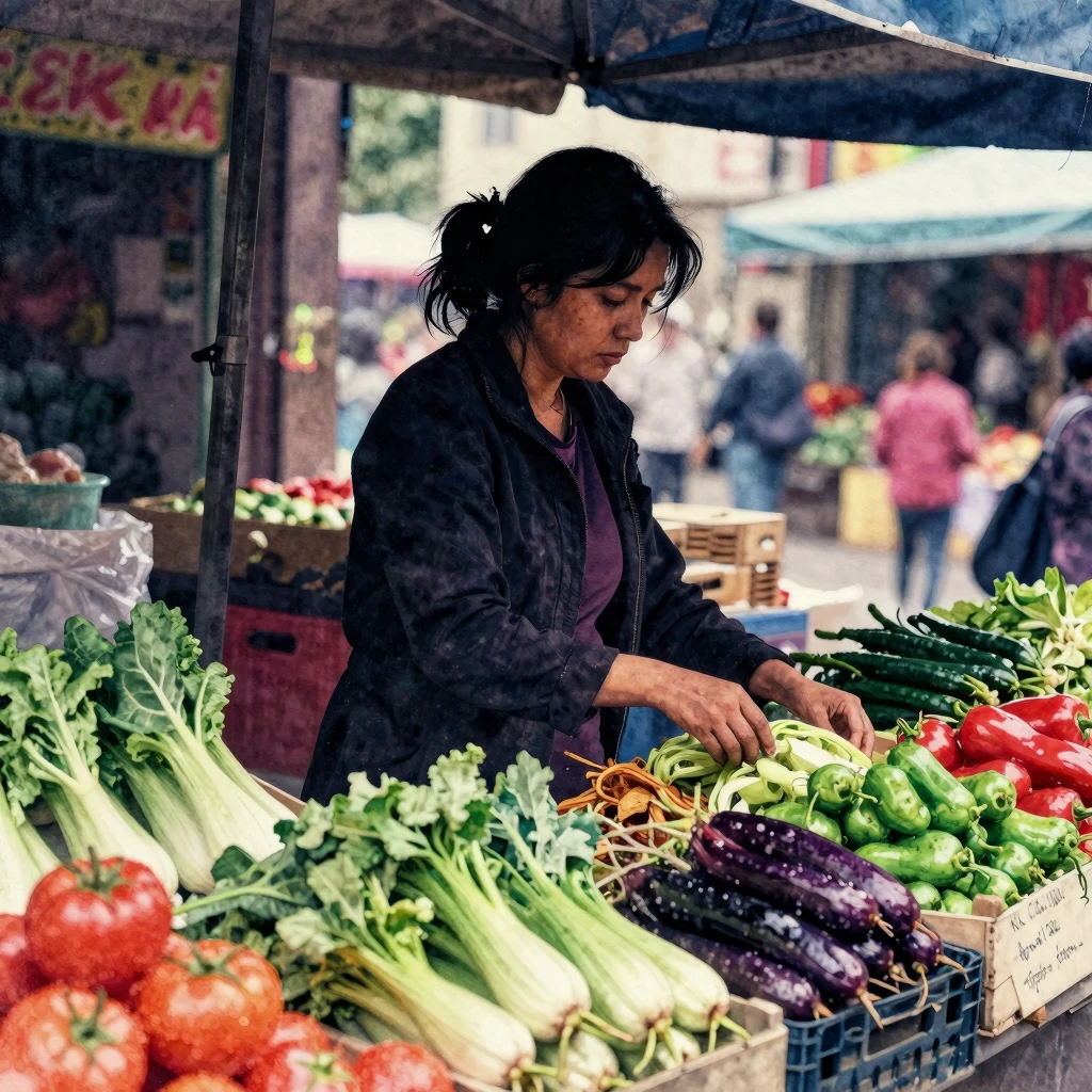 Vibrant watercolor style. Silhouette of a woman in a market ...