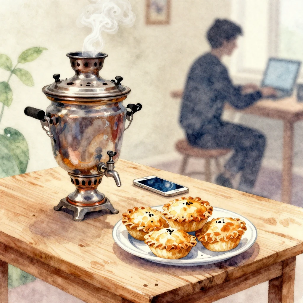 Vibrant watercolor style. A cozy, rustic scene with a steami...