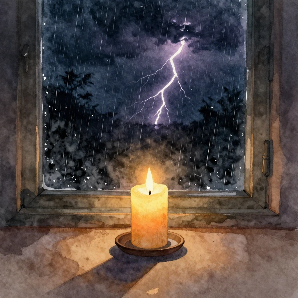 An interior scene featuring a single flickering candle, cast...