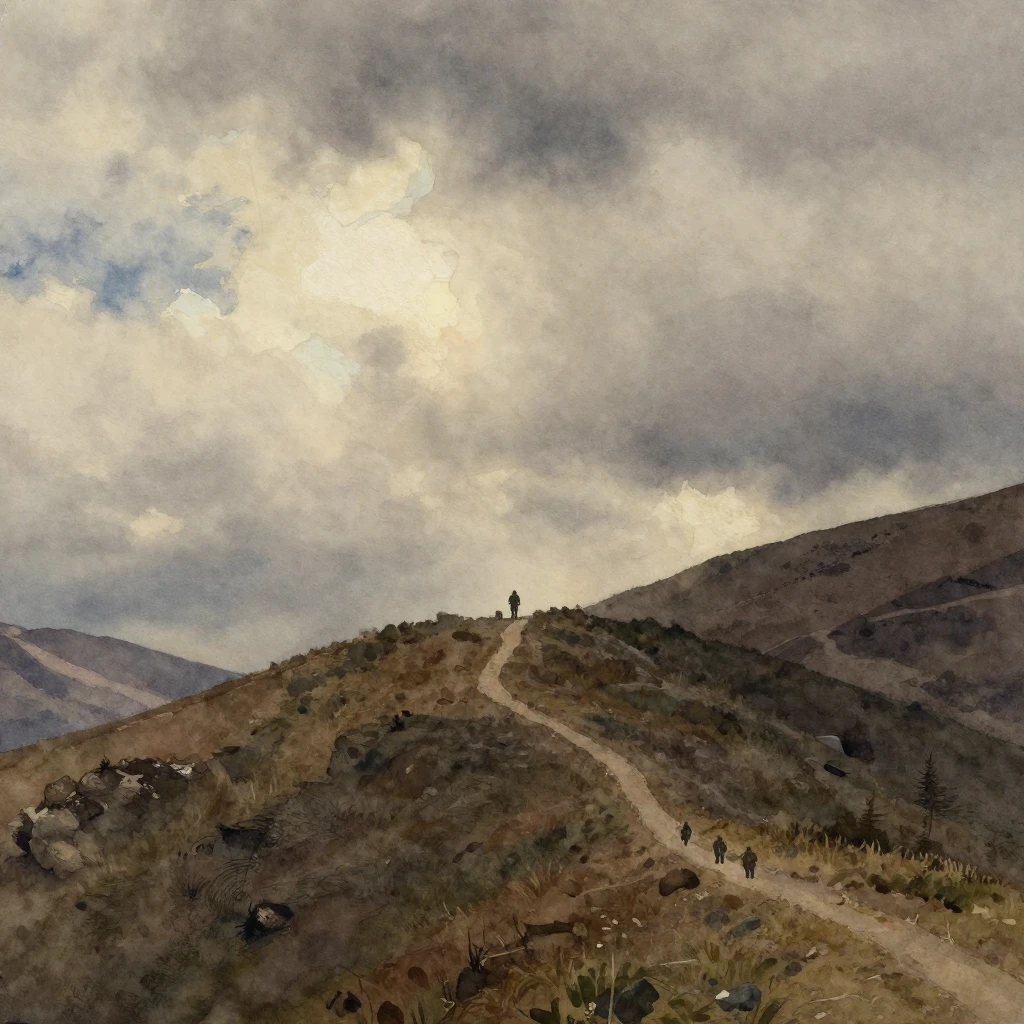 A desolate, mountainous landscape under a dramatic, cloudy s...