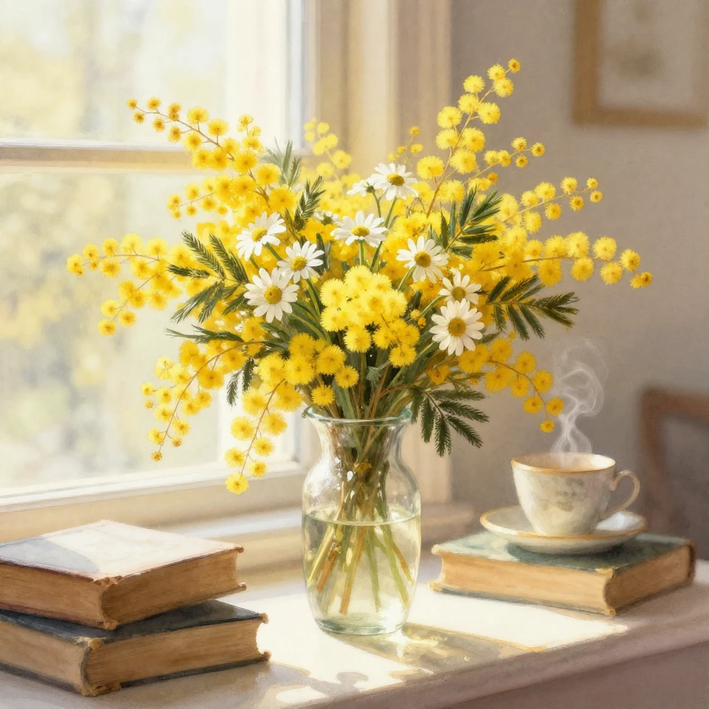 A soft and ethereal watercolor painting featuring a lush bou...