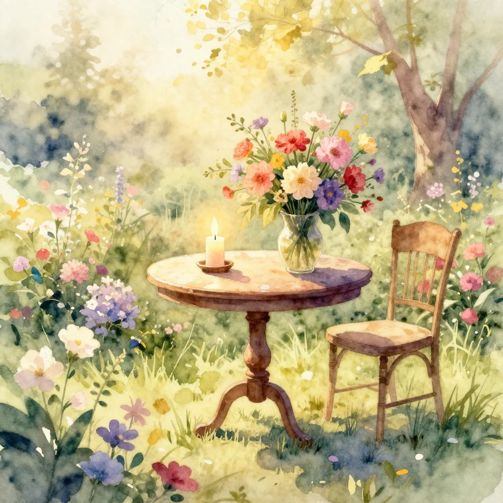A soft watercolor painting depicting a serene morning celebr...