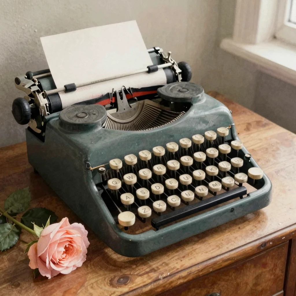 A vintage typewriter on a wooden desk, a single tea rose bes...