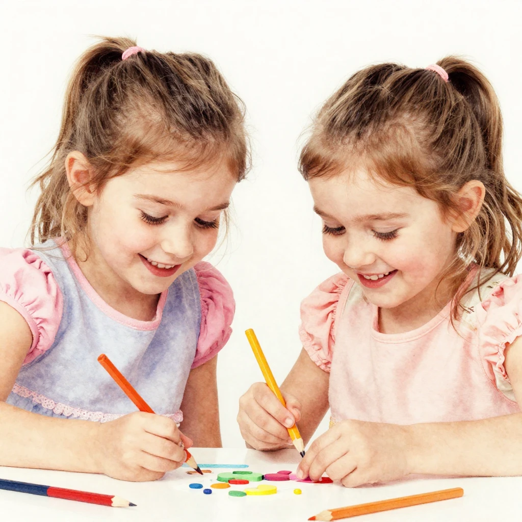 Two identical twin girls, smiling and interacting closely, e...