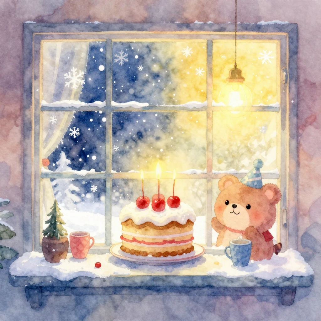 A vibrant watercolor illustration of a cozy winter birthday ...