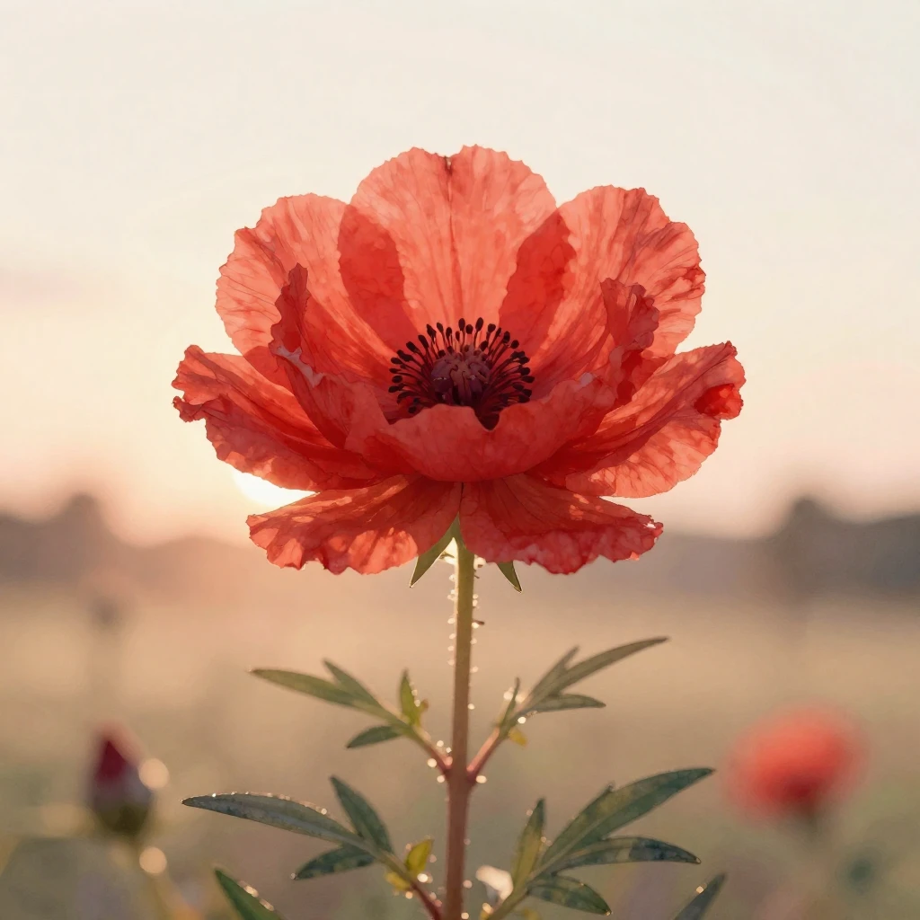 A delicate, blooming scarlet flower in watercolor style, sym...