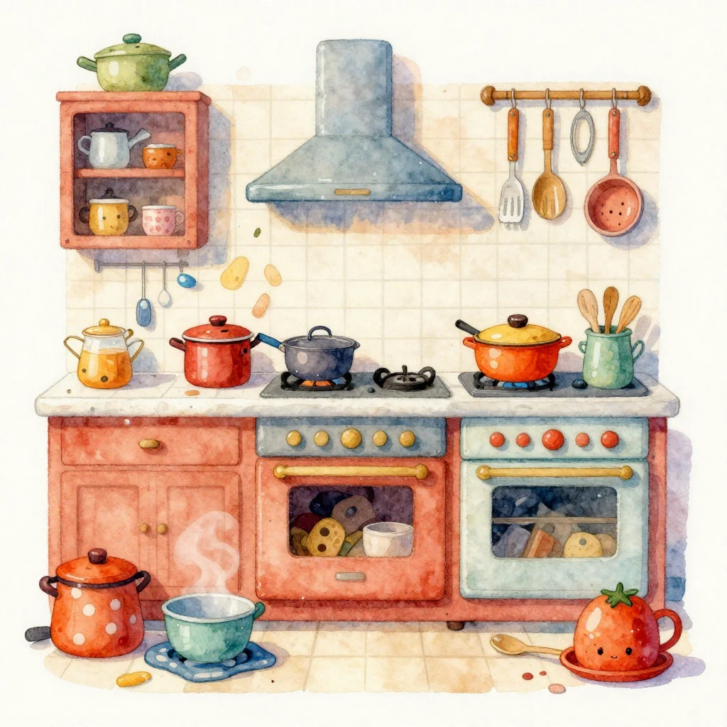 Vibrant watercolor style. A cartoonish, quirky kitchen scene...