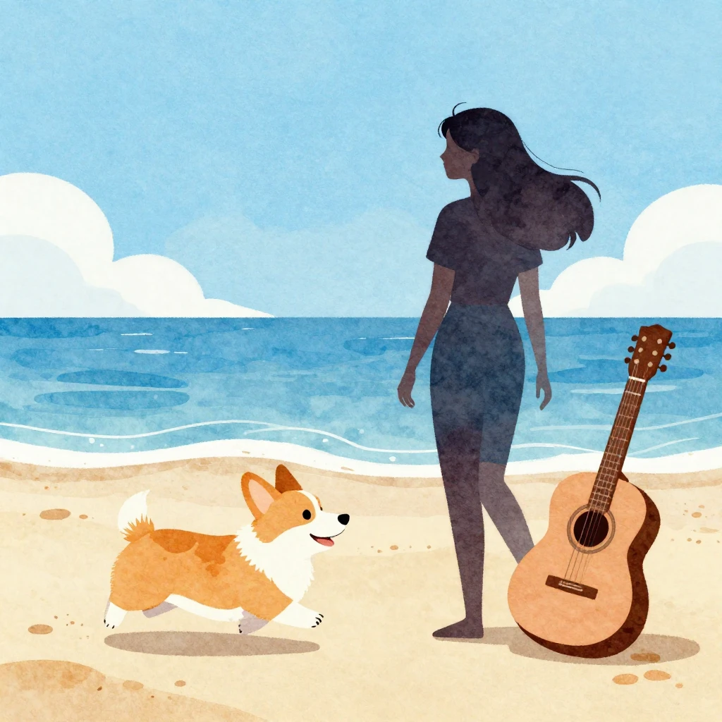 A vibrant watercolor illustration depicting a warm beach sce...