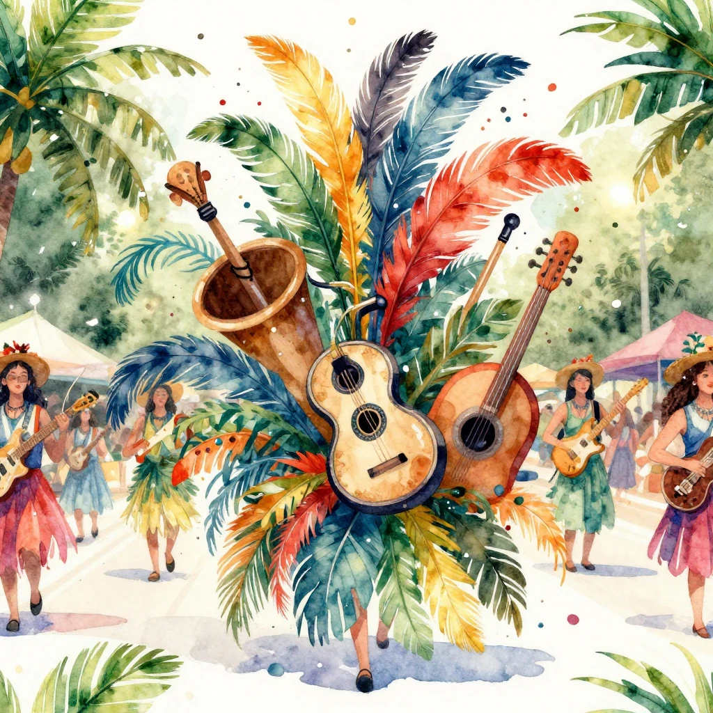 A dynamic watercolor illustration of a tropical parade, feat...