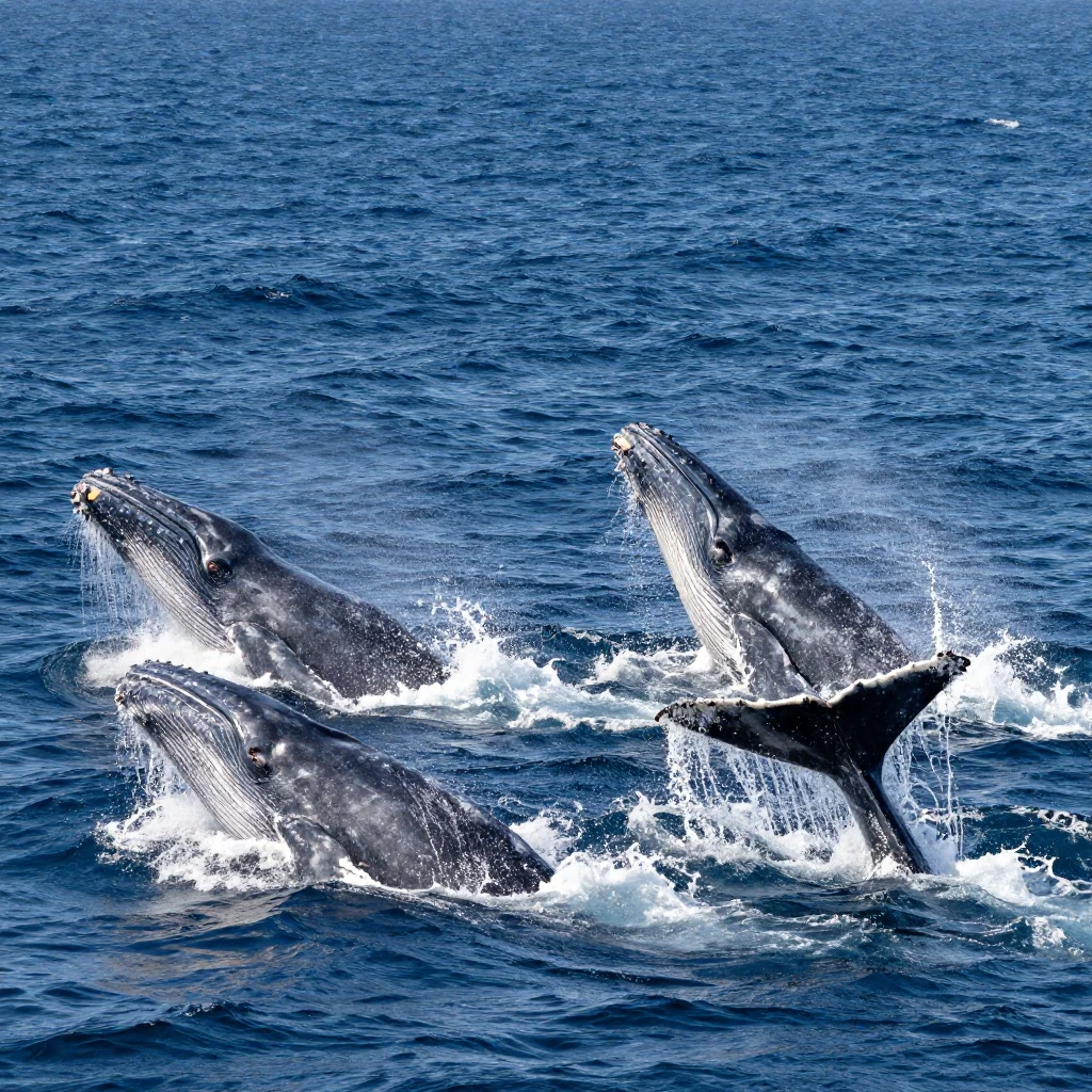Massive whales are breaching dramatically in a vast ocean, c...